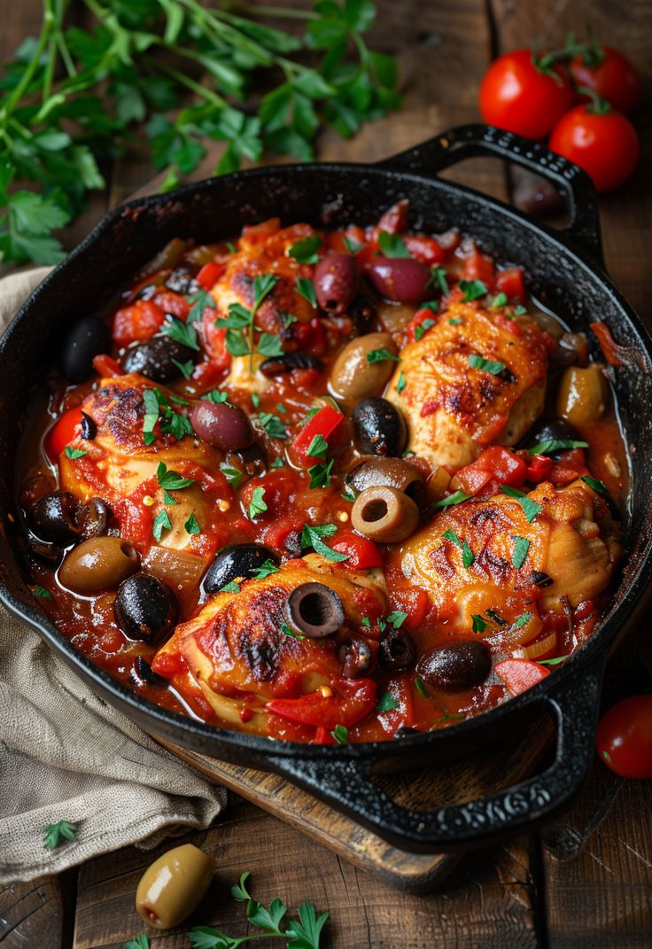 a skillet filled with chicken, olives and tomatoes on top of a wooden table