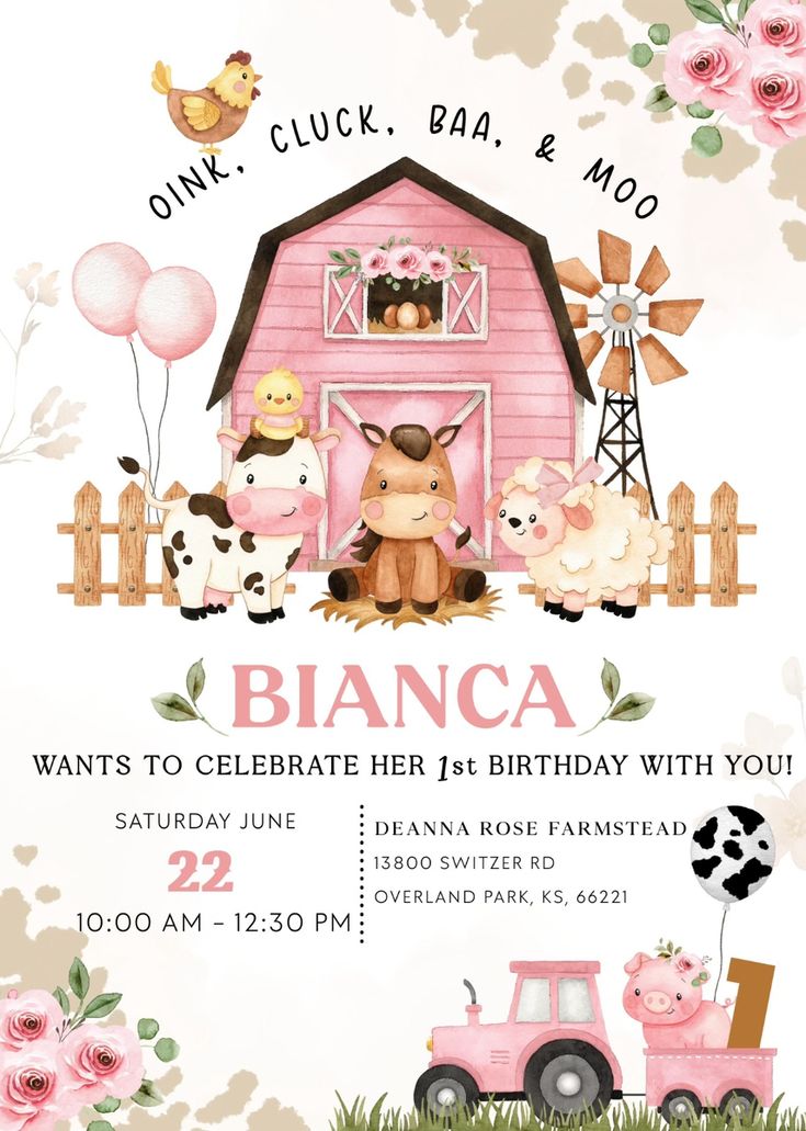 a pink barn birthday party with farm animals