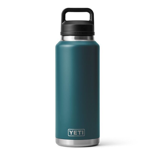 the yeti stainless steel water bottle is shown in teal blue with black lid