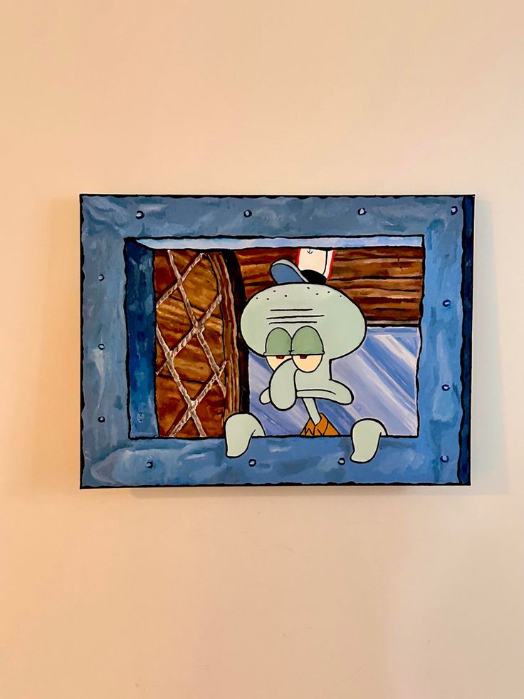 a painting on the wall of a room with a cartoon character in it's frame