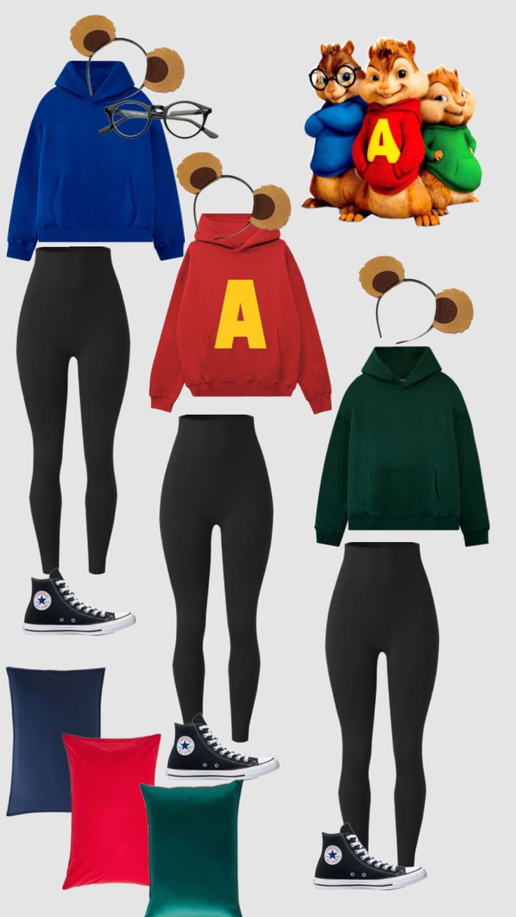 a group of children's clothing and accessories including hoodies, sweatshirts, leggings