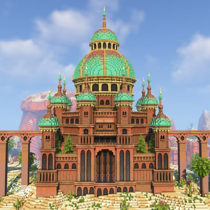 Minecraft Taj Mahal, Minecraft Dome Build, Minecraft Hexagon Base, Minecraft Oasis Ideas, Art Nouveau Minecraft, Minecraft Arabian Build, Dome Roof Minecraft, Camel House Minecraft, Minecraft Temple Build