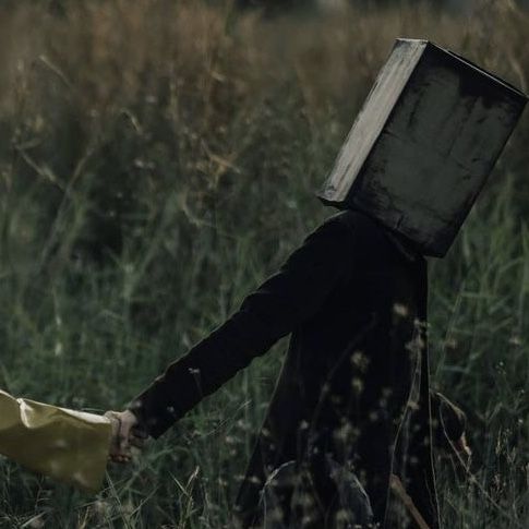 a person with a box on their head walking through tall grass