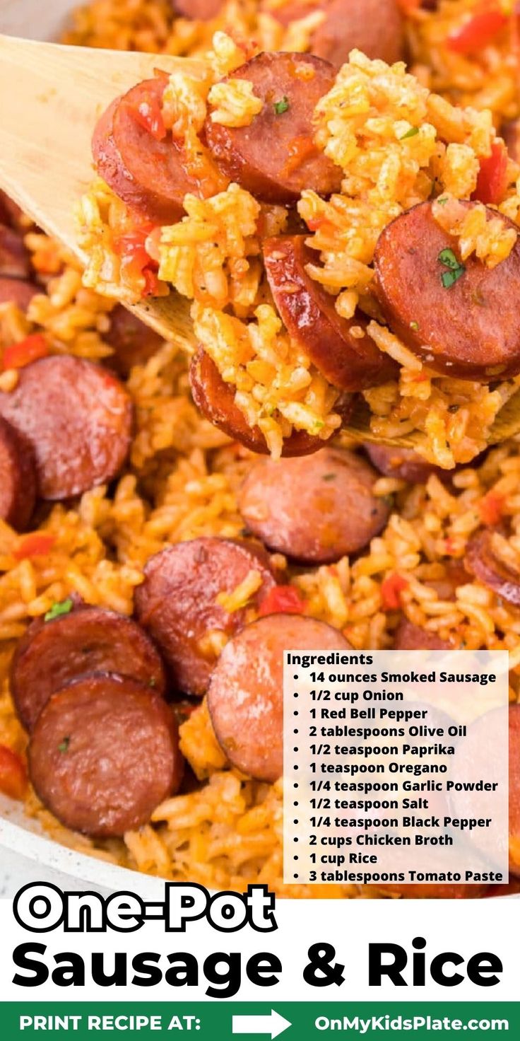 one pot sausage and rice recipe with wooden spoon