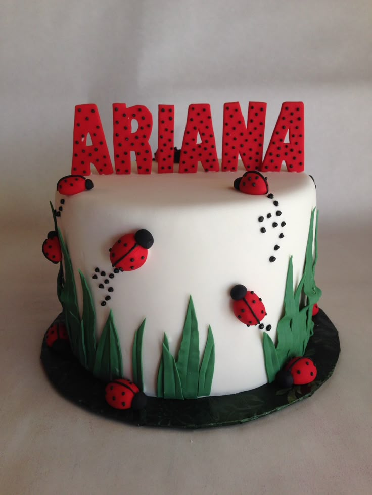 a cake decorated with ladybugs and the word aria on it's side