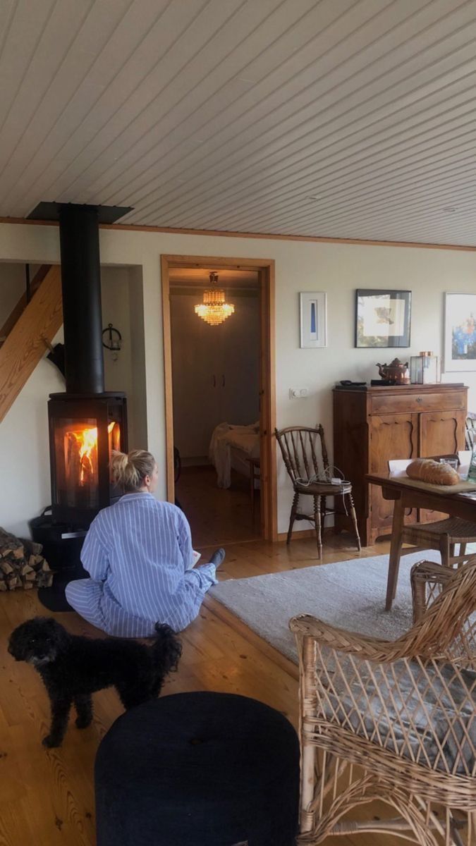 a person sitting on the floor in front of a fire place with a dog nearby