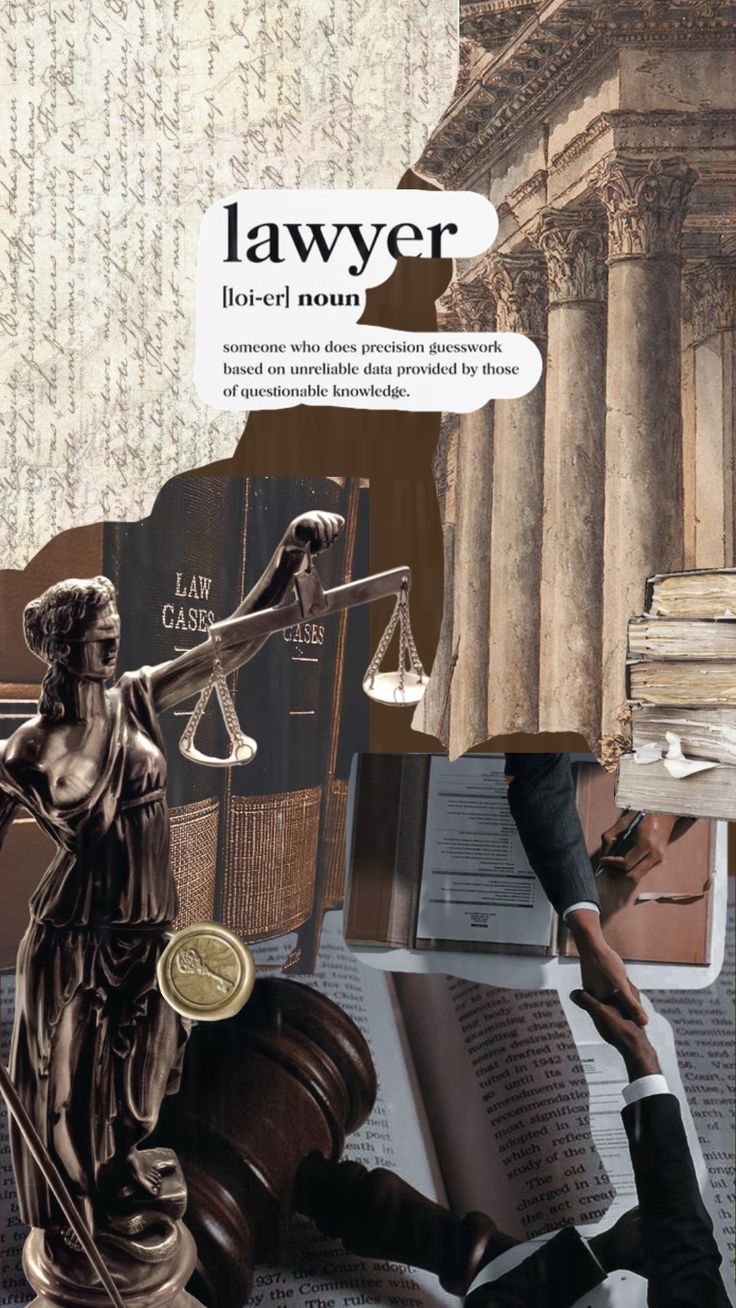 a collage of law related images with the statue of lady justice holding a gaven