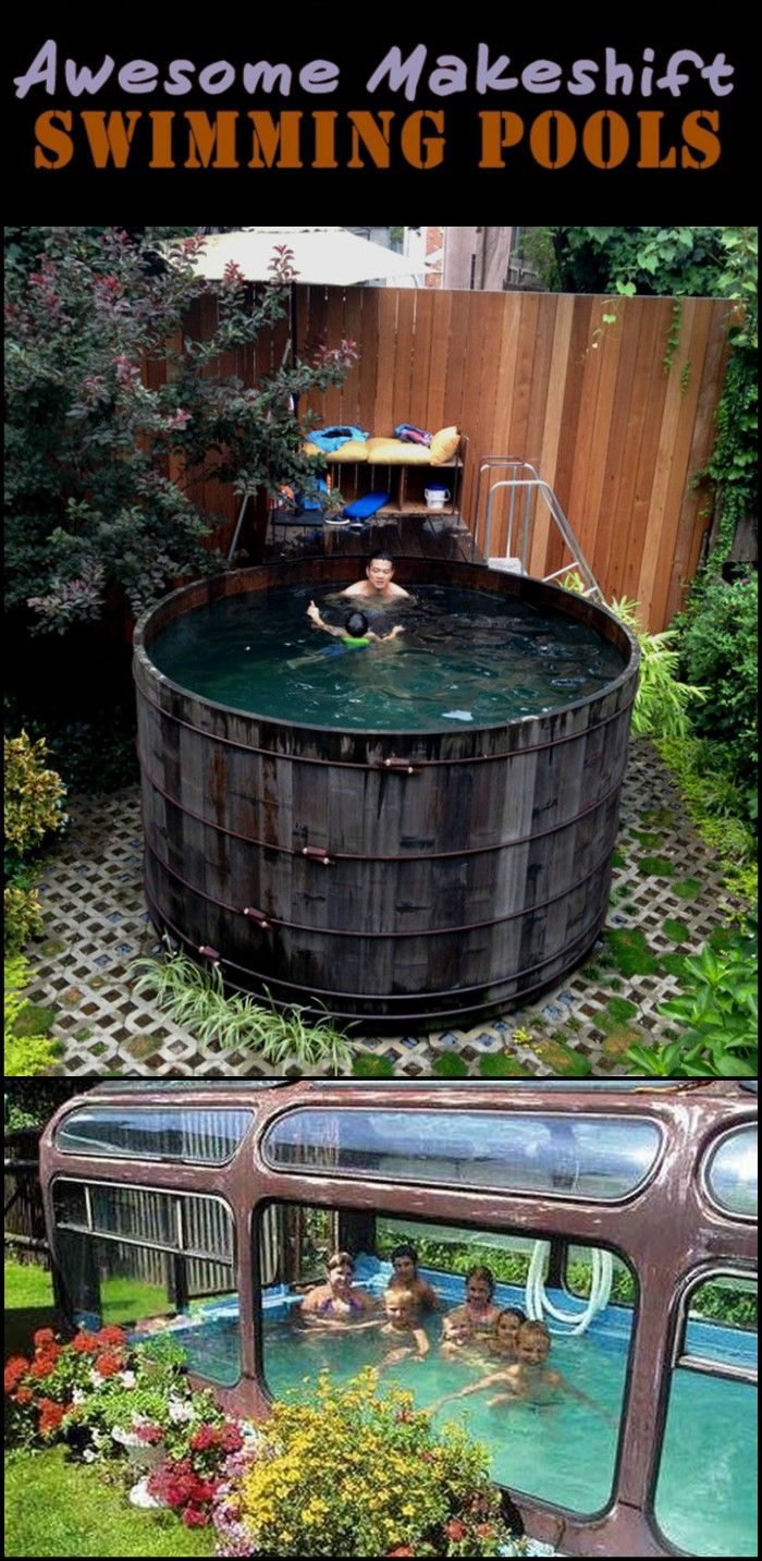 an outdoor swimming pool is shown in two different pictures, with the words awesome make - shift