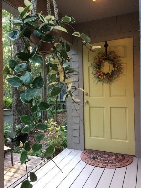 a door with a wreath hanging from it's side next to a plant on the front porch