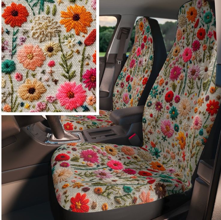 the front and back seats of a car with flowers on them, both in different colors