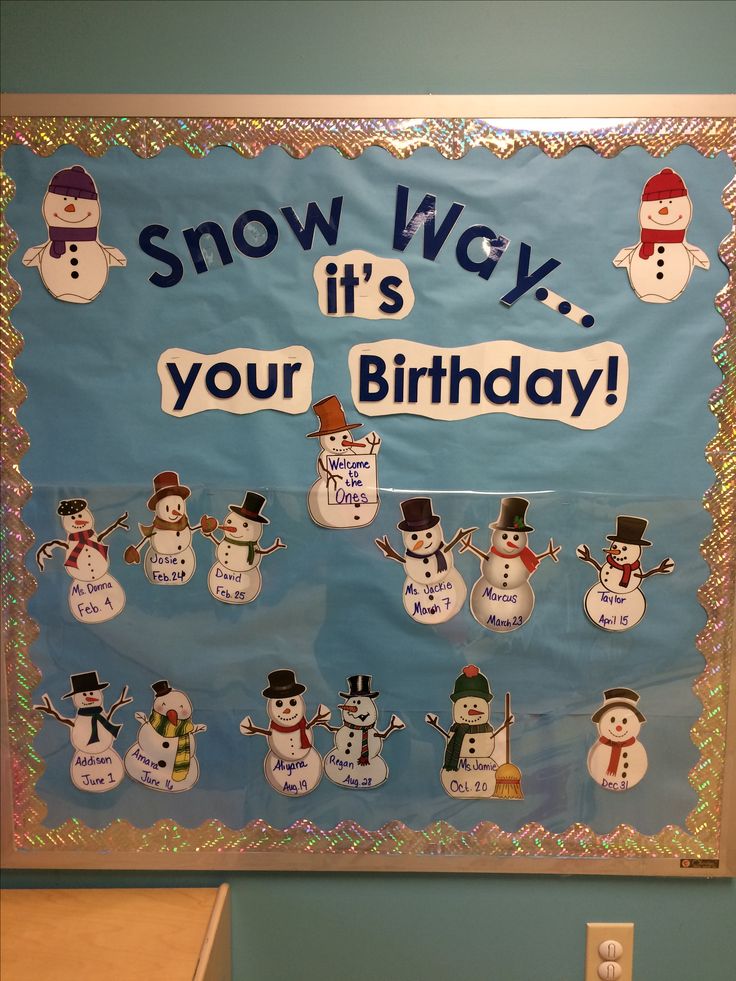 a bulletin board with snowmen on it that says, snow wy, it's your birthday