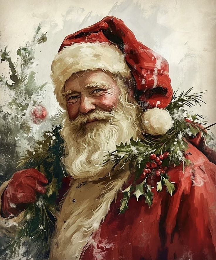 a painting of santa claus holding a holly wreath