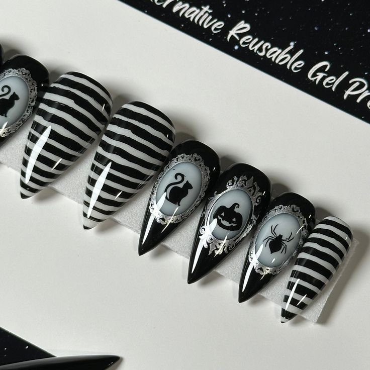 Welcome to LD Nails! 🖤 One set of 10 REUSABLE Press On Nails 🖤 🖤 Made to order in your shape & size 🖤 🐈‍⬛ Haunted Portraits: black and white striped press on nail set with Halloween silhouettes. The white in the stripes and the backgrounds of the portraits glow in the dark! Purchase INCLUDES an application kit! It consists of: 🖤 detailed application & removal instructions 🖤 a sealed and sanitary mani kit (100/180 file, buffer block, cuticle pusher) 🖤 2 alcohol pads 🖤 nail tabs or glue ( Halloween Gothic Nails, Halloween Goth Nails, Dark Nails Halloween, Sally Nail Art, Black And Grey Nails Designs, Adams Family Nails, Dark Nail Designs Gothic, Witch Nails Halloween, Halloween Nails Black And White