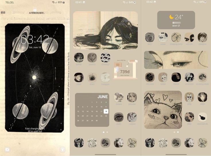 the back side of a calendar with drawings on it and pictures of cats in space