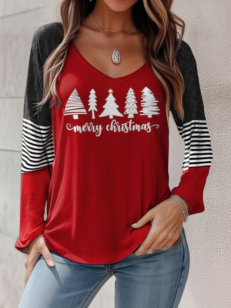 Shop Affordable Women T-shirts Spring/Fall T-shirt Long Sleeve Casual T-shirt Christmas T-shirt Regular Fit Daily V Neck On Justfashinnow.com Red Long Sleeve Christmas T-shirt, Black Long Sleeve Christmas T-shirt, Red Long Sleeve Christmas Tops, Red Long Sleeve T-shirt With Letter Print, Red Crew Neck Christmas Top, Red Crew Neck Top For Christmas, Red Crew Neck Holiday Top, Red Crew Neck Top For Holiday, Casual Red Christmas Tops