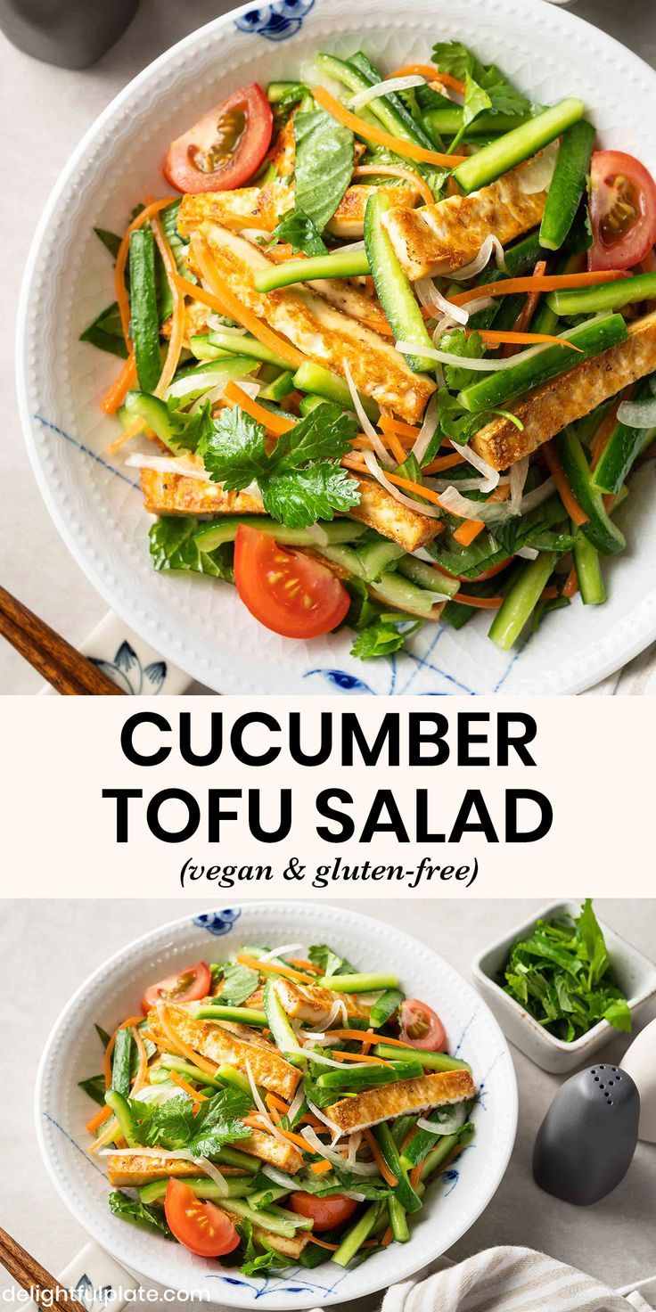 a bowl of Asian cucumber tofu salad Tofu Crunchy, Tofu Salad Recipes, Tofu Salad, Simple Dressing, Mapo Tofu, Tofu Dishes, Vegan Asian, Asian Salad, Vegan Salad Recipes