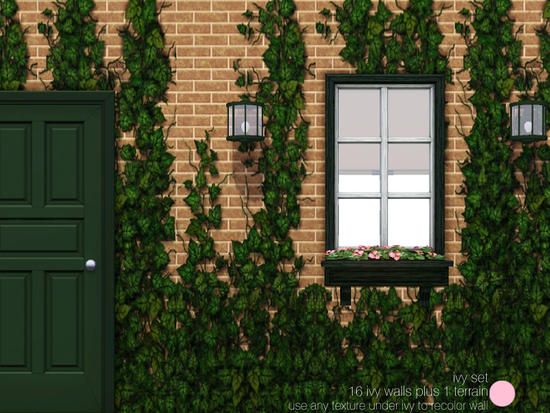 a green door and window in front of a brick wall with ivy growing on it