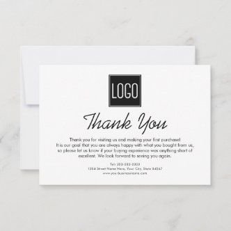 a white thank card with the words logo on it and a black box in the middle