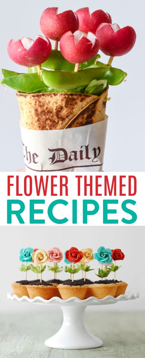 flower themed desserts on a cake stand with the title overlay reads, flowers theme and