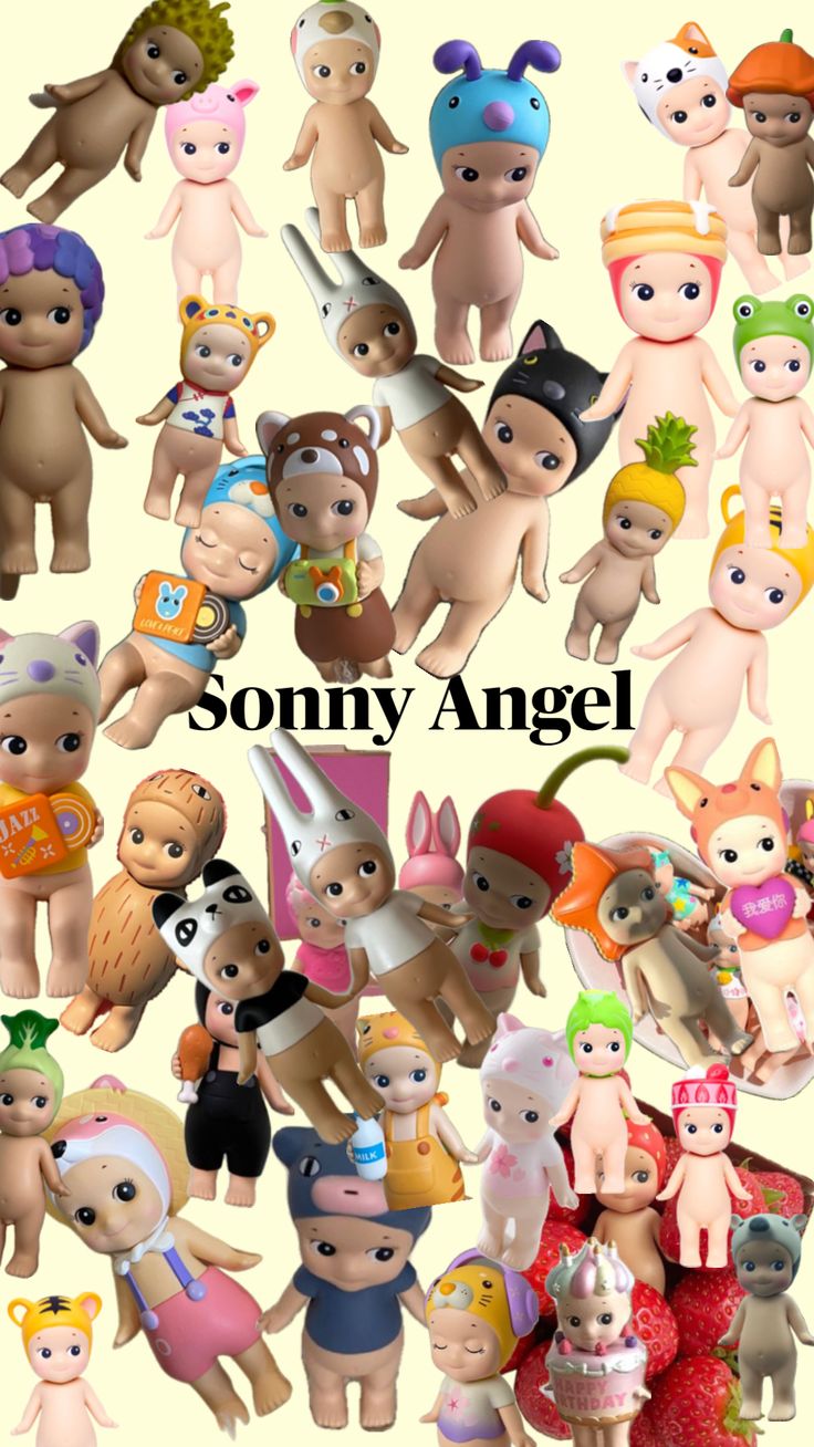 many different types of toy animals are shown in this collage with the words sony angel above them