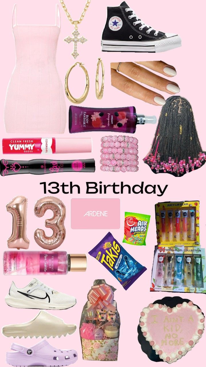 a pink birthday card with various items and the words 13th birthday written in gold on it