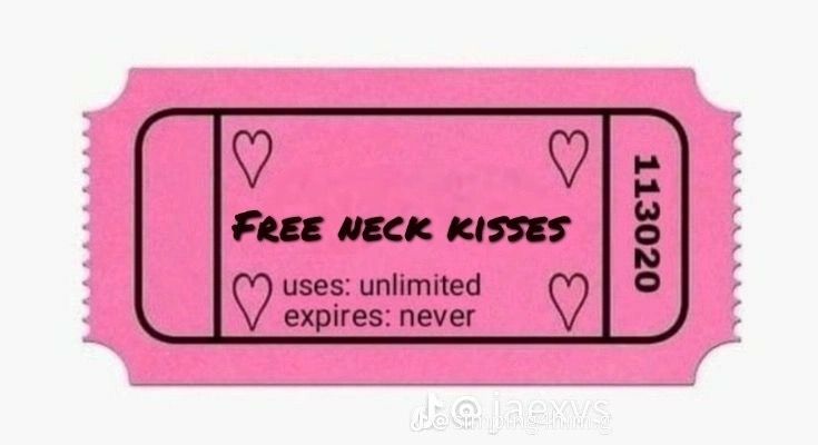 a pink ticket with hearts on it and the words free week kisses written in black