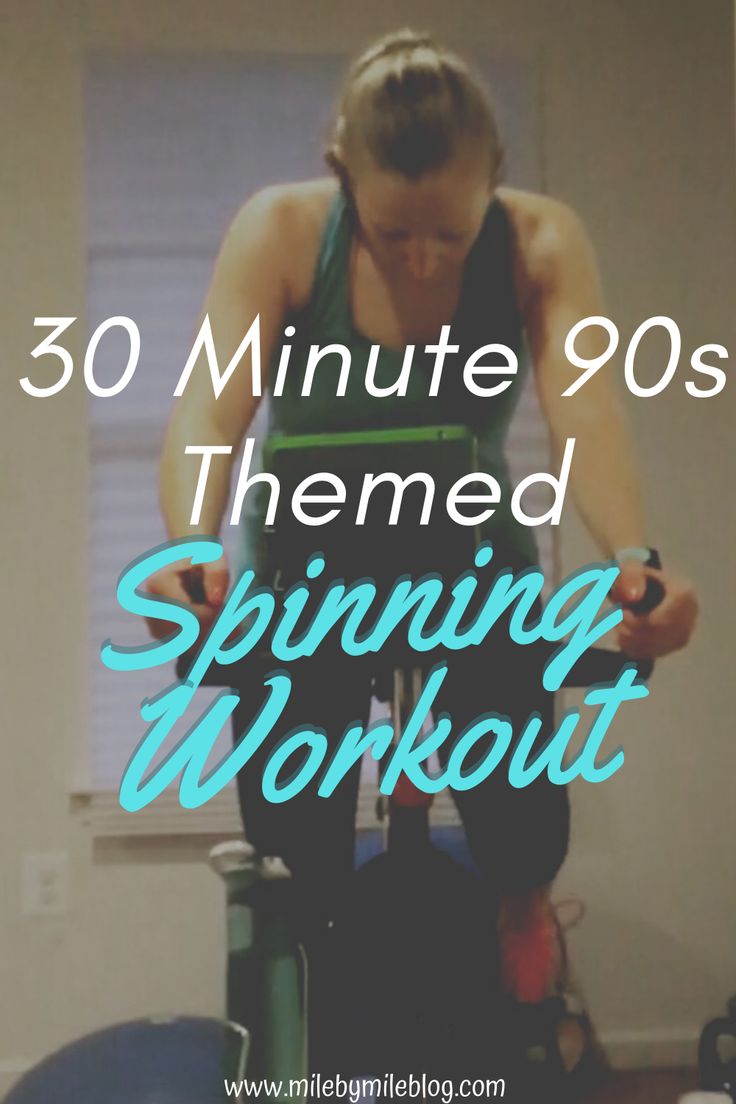 a woman on a stationary bike with the words 30 minute 90's themed spinning workout