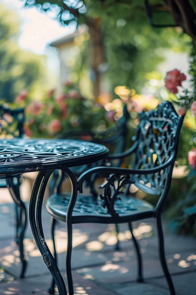 an outdoor table and chairs with flowers in the background