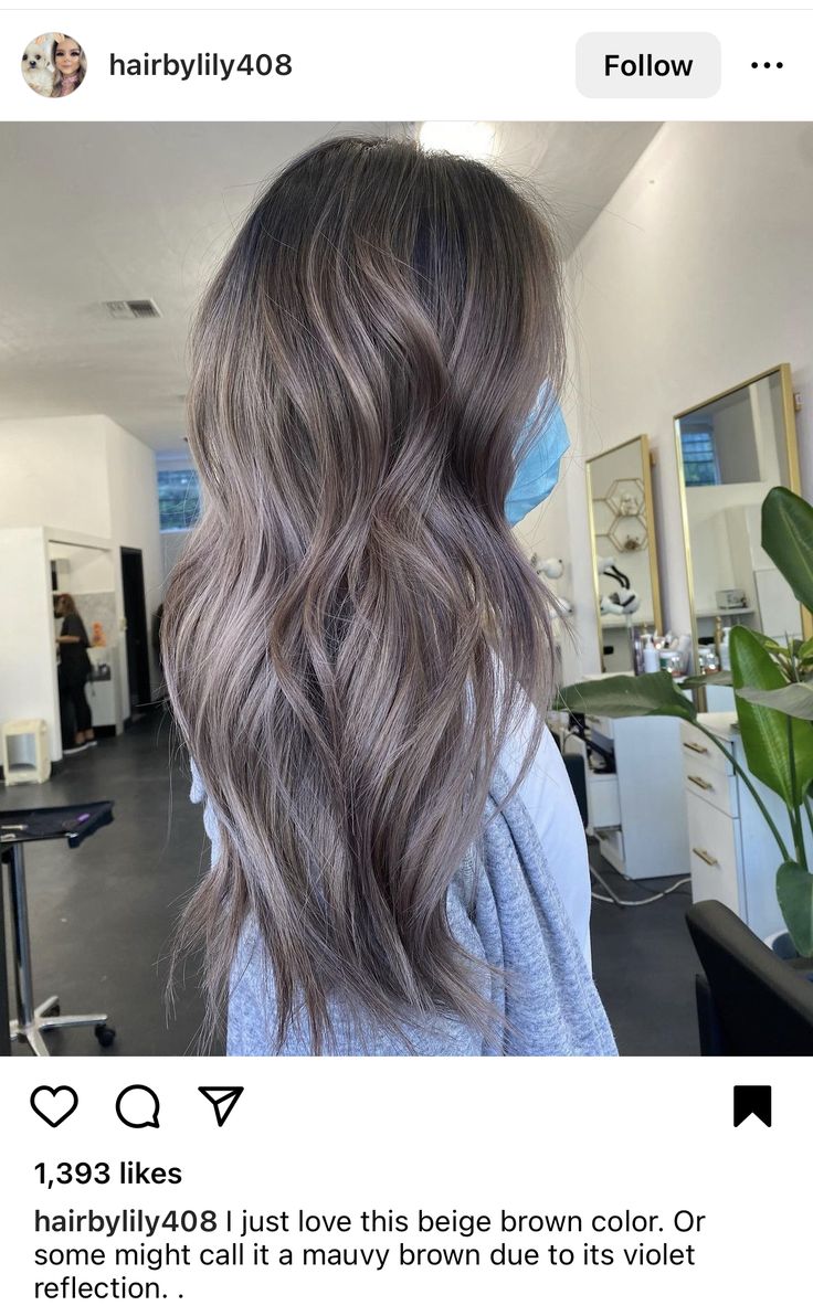 Ash Brown Hair With Extensions, Mushroom Silver Hair, Super Ashy Brown Hair, Ash Blonde Lavender Hair, Ash Brown Mushroom Hair, Grey Undertones Hair, Dark Brown Hair With Lilac Highlights, Cool Toned Light Brown Hair Color, Mushroom Ombre Hair