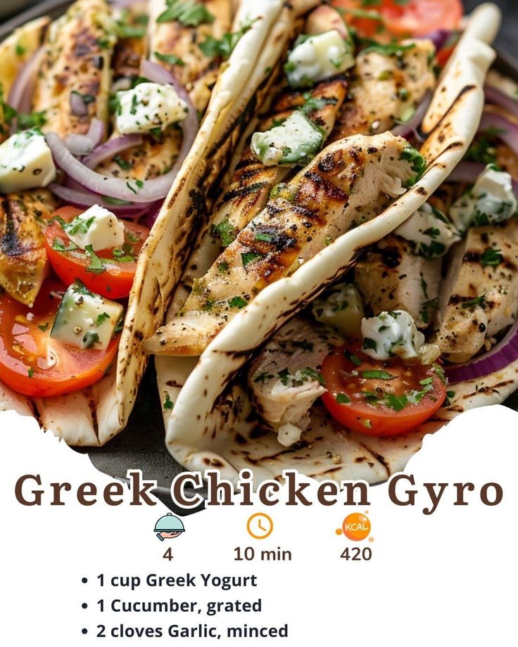 the menu for greek chicken gyro is shown with grilled fish and vegetables