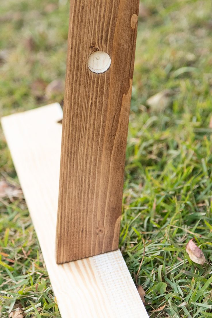 a piece of wood sticking out of the ground with a hole in it's side