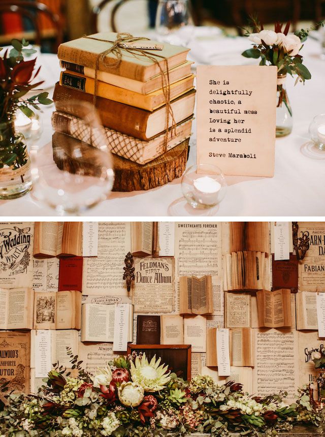 the table is set up with books and wine glasses for guests to sit down at