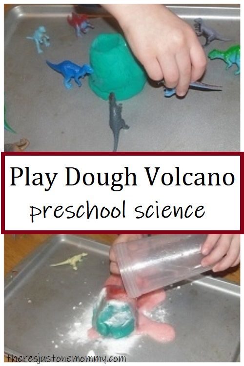 play dough volcano preschool science for kids with dinosaur figures and plastic water bottle on the floor