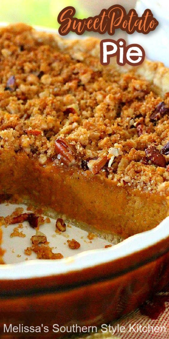 a close up of a pie on a plate with the words sweet potato pie above it