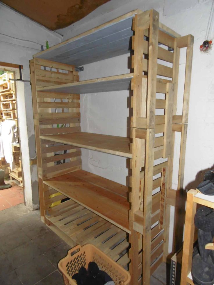 the shelves are made out of wooden pallets