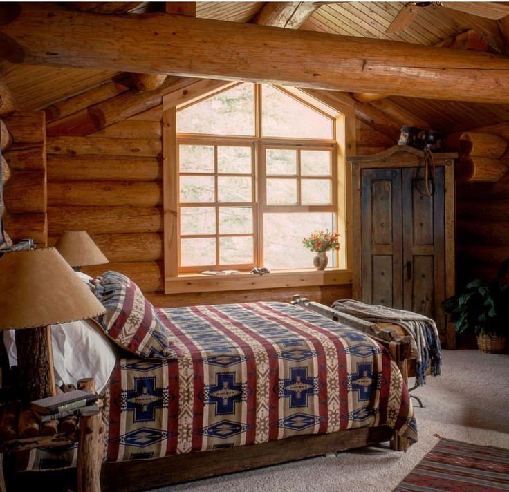 a bed in a room with wooden walls and ceiling