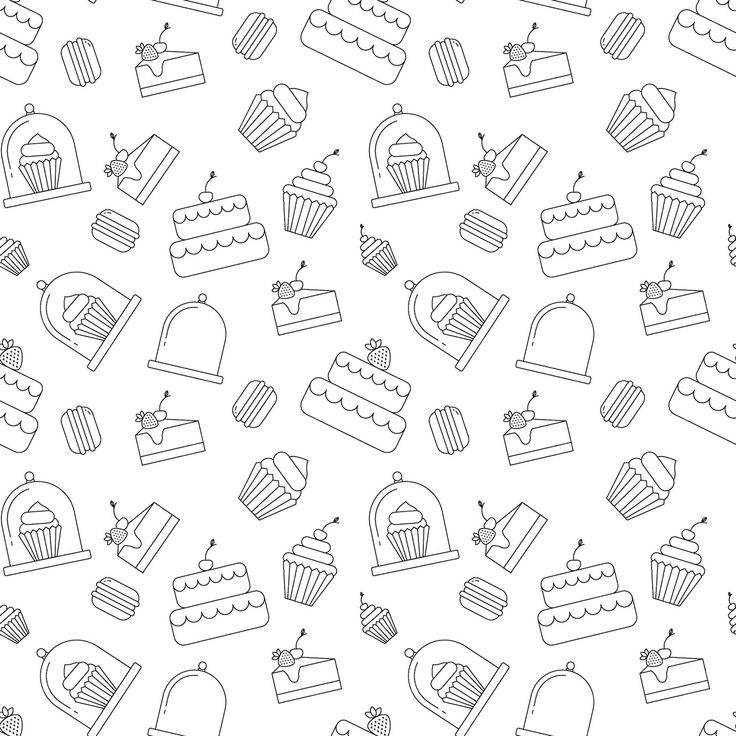 black and white seamless pattern with cupcakes, cakes and bundt cake