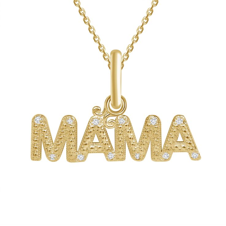 The Mama necklace makes a perfect gift for all mothers or mothers-to-be. This elegant pendant includes twelve 1.0mm diamonds. Show how much you appreciate the mothers in your life with this "MAMA" necklace. Product Information Metal Type: 10k or 14k Yellow/Rose/White Gold Stone InformationStone: DiamondSize: 1.0mm SKU: TKM375 Diamond Accents Necklace For Anniversary And Mother's Day, Diamond Accent Necklace For Anniversary And Mother's Day, White Gold Pendant Birthstone Necklace For Mother's Day, Diamond Necklace Gift For Mother's Day, 14k Gold Jewelry With Diamond Accents For Mother's Day, Mother's Day 14k Gold Jewelry With Diamond Accents, Diamond Accents Necklaces As Gift For Mom, Diamond Accents Necklace As Gift For Mom, Diamond Accents Necklace Gift For Mom