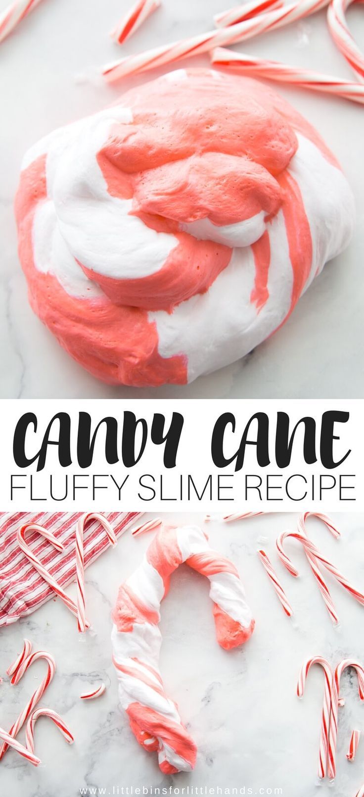 candy cane fluffy slime recipe on a marble surface with text overlay