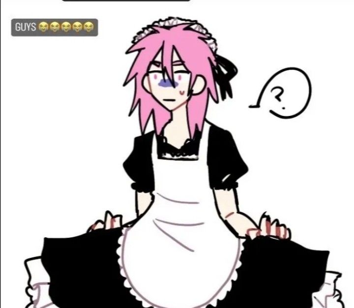 an anime character with pink hair and black dress sitting in front of a white background