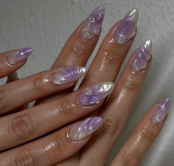 Purple Ethereal Nails, Douyin Nails Purple, Star Nails Acrylic Y2k, Acrylic Nails Latina, Purple Fairy Nails, Mermaid Core Nails, Gel Nails Purple, Jellyfish Nails, Nail Designs Gel