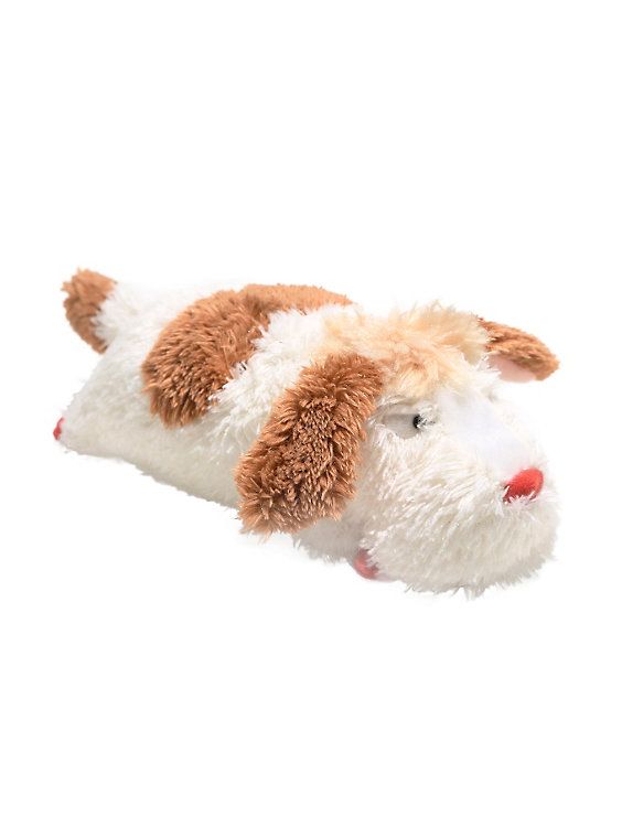 a brown and white stuffed dog laying on its side