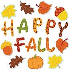 the words happy fall are surrounded by autumn leaves and acorns on a white background