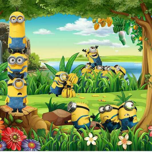 cartoon scene with many minion characters in the forest