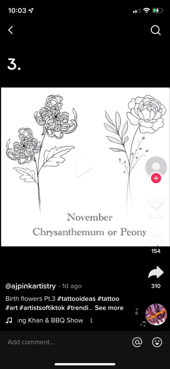 an iphone screen with the text november, chrysanthemum or peony on it