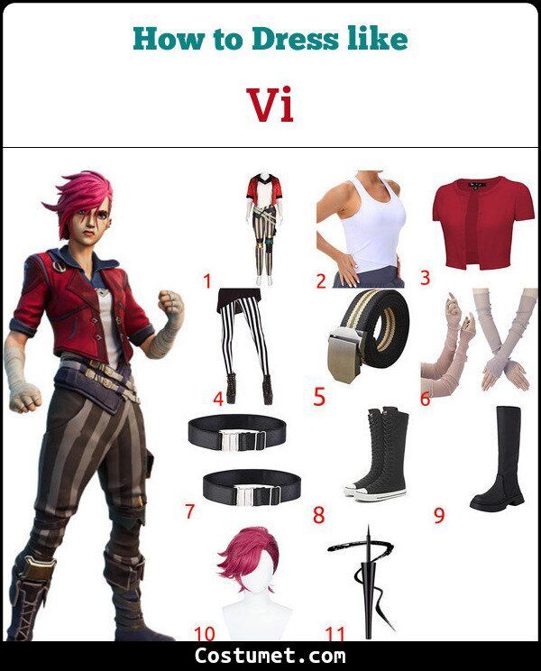 the costume guide for an anime character with pink hair and black boots, is shown