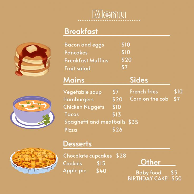 a menu with different foods on it and prices for each item, including pancakes, waffles, and other desserts