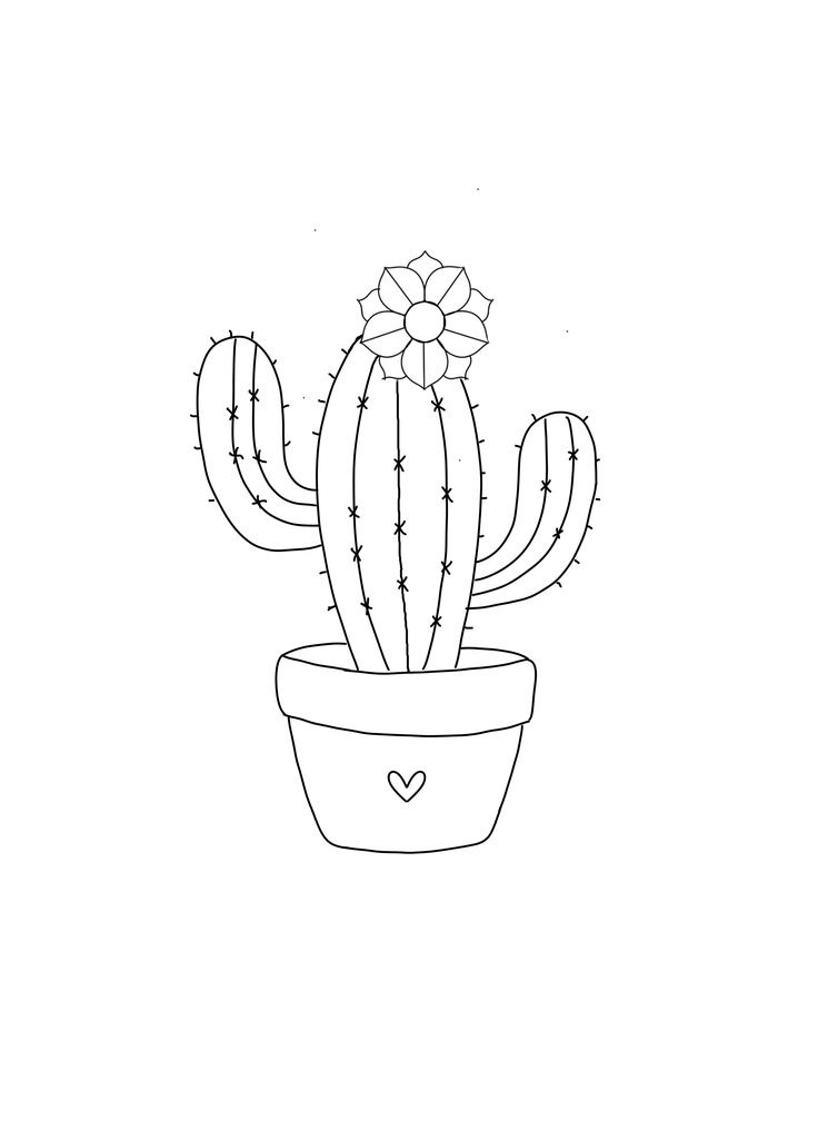 a black and white drawing of a cactus in a pot with a heart on it