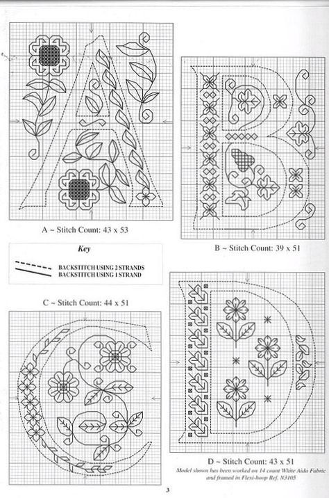 four cross stitch patterns with flowers and leaves on them, all in different sizes and colors