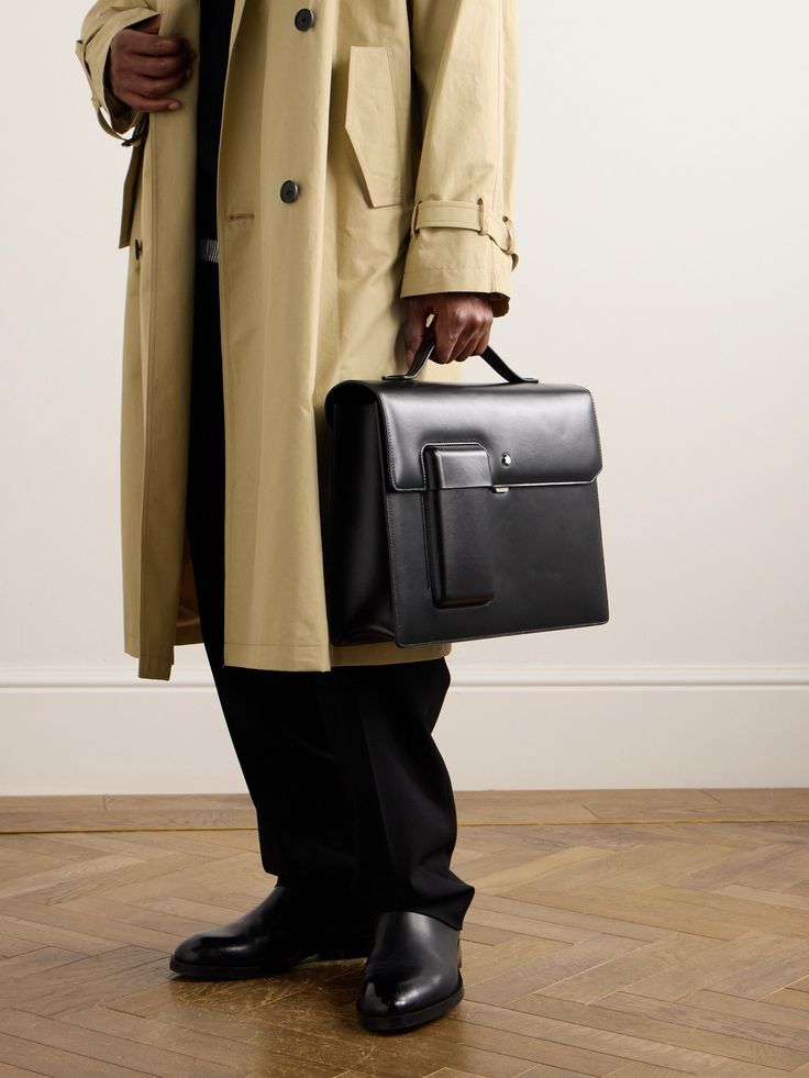 Designed to celebrate Montblanc's centenary, this 'Meisterstück' briefcase is crafted from sleek black leather and can be carried by the top handle or adjustable shoulder strap. It has a roomy interior with space for a 13'' laptop and a dedicated front pocket that nods to vintage pen pouches. Mafia Man, Mens Briefcase, Vintage Briefcase, Leather Briefcase Bag, Leather Suitcase, Leather Briefcase Men, Black Leather Top, Suitcase Bag, Briefcase For Men